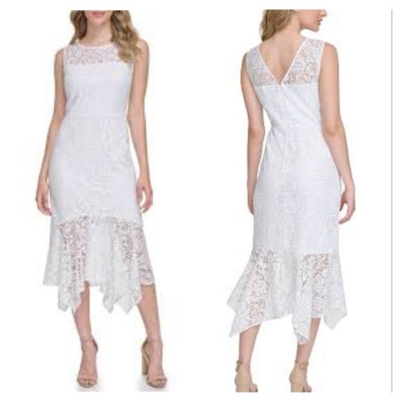 NWT Kenzie white sleeveless asymmetric midi dress,  White floral lace Size 8 - Picture 1 of 10